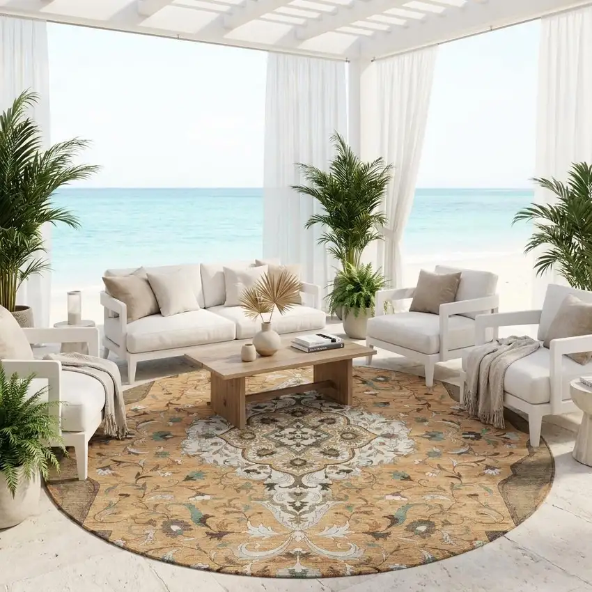 8' Copper And Blue Round Medallion Washable Indoor Outdoor Area Rug Photo 1