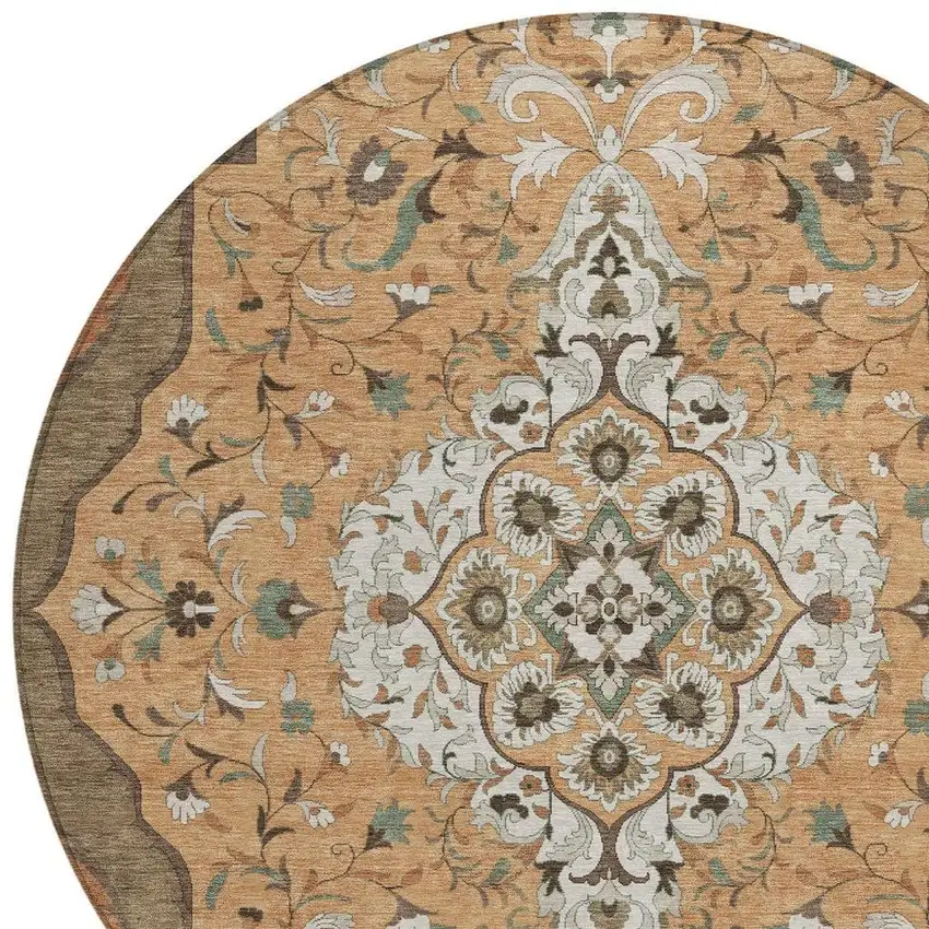 8' Copper And Blue Round Medallion Washable Indoor Outdoor Area Rug Photo 3