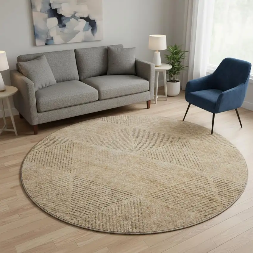 8' Copper And Brown Geometric Washable Round Rug With UV Protection Photo 2