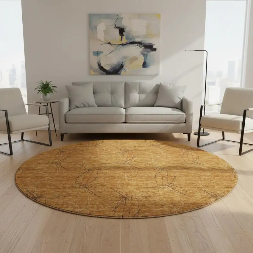 8' Copper And Brown Geometric Washable Round Rug With UV Protection Photo 2