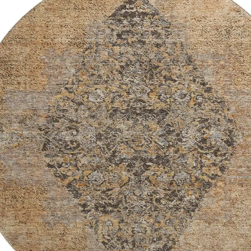 8' Copper And Brown Medallion Washable Round Rug With UV Protection Photo 3