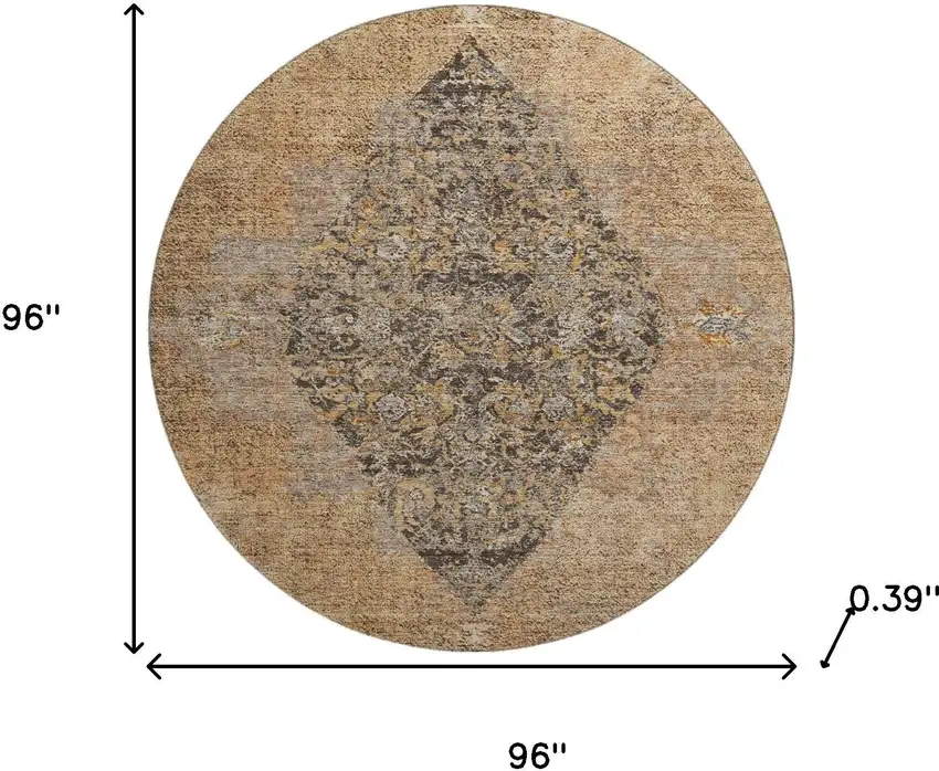 8' Copper And Brown Medallion Washable Round Rug With UV Protection Photo 8