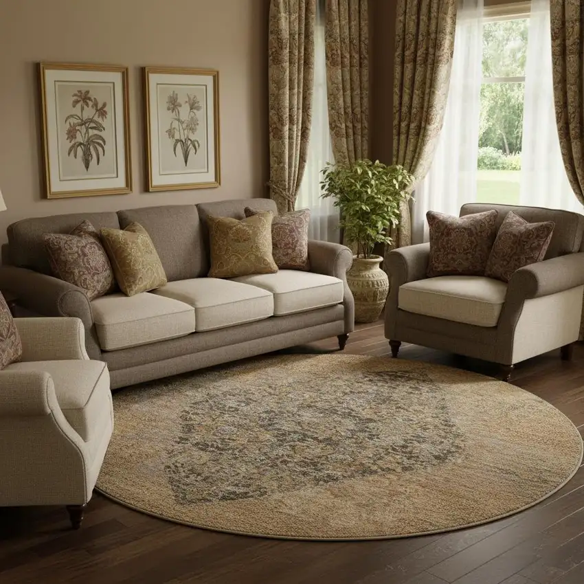 8' Copper And Brown Medallion Washable Round Rug With UV Protection Photo 2