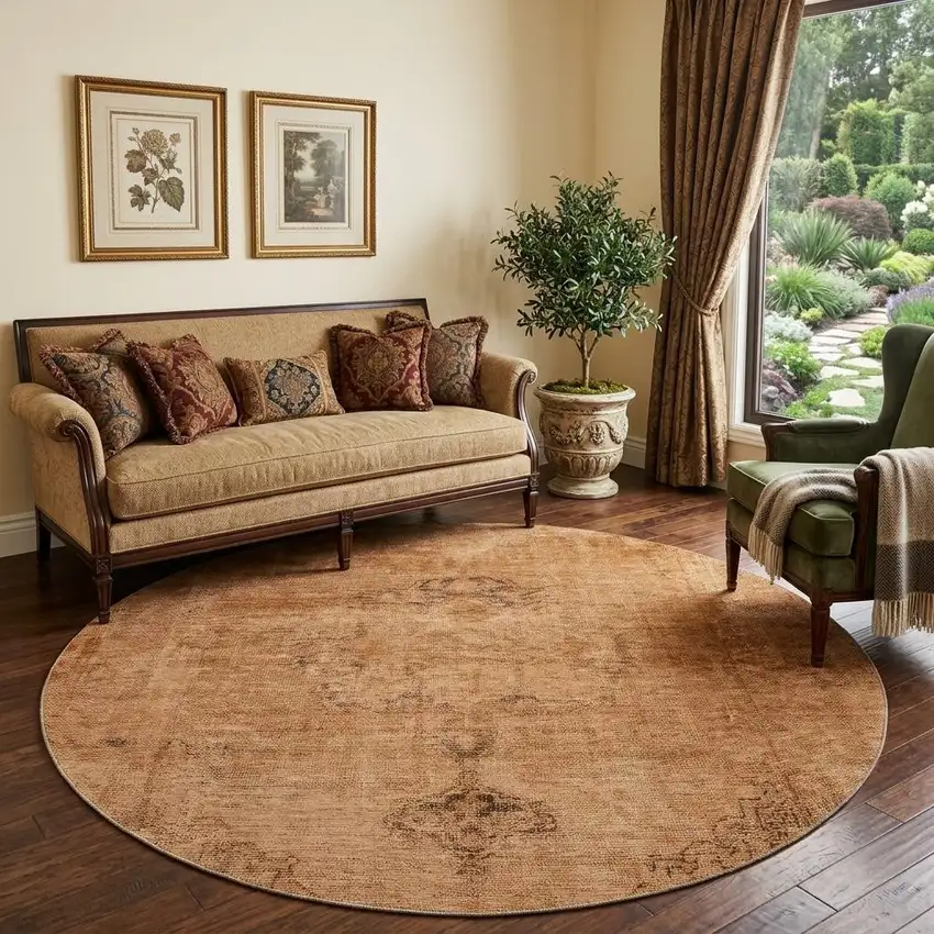 8' Copper And Brown Oriental Washable Round Rug With UV Protection Photo 1