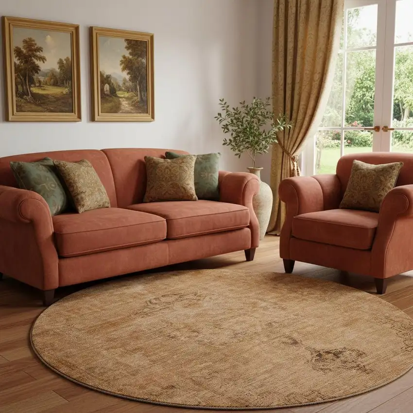 8' Copper And Brown Oriental Washable Round Rug With UV Protection Photo 1