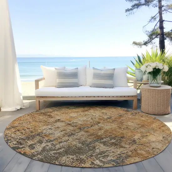 8' Copper And Brown Round Abstract Washable Indoor Outdoor Area Rug Photo 6