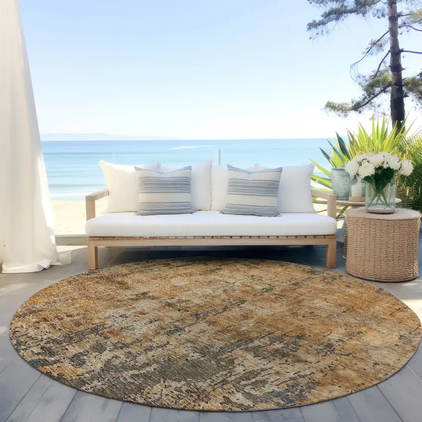 8' Copper And Brown Round Abstract Washable Indoor Outdoor Area Rug Photo 6