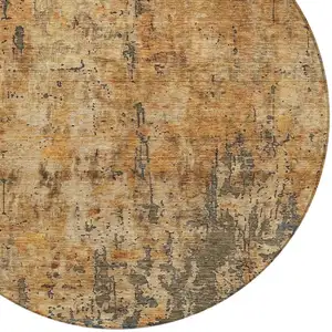 Photo of 8' Copper And Brown Round Abstract Washable Indoor Outdoor Area Rug