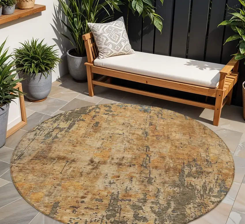8' Copper And Brown Round Abstract Washable Indoor Outdoor Area Rug Photo 1