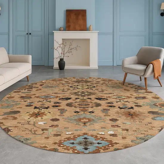 8' Copper And Brown Round Floral Medallion Washable Indoor Outdoor Area Rug Photo 5