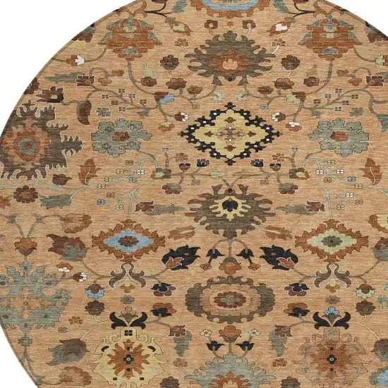 8' Copper And Brown Round Floral Medallion Washable Indoor Outdoor Area Rug Photo 2