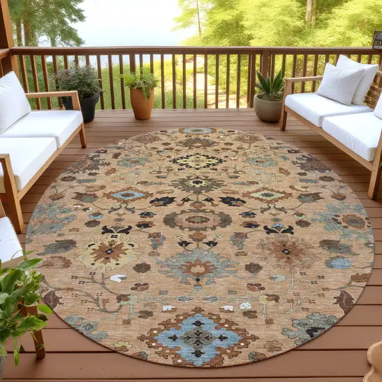 8' Copper And Brown Round Floral Medallion Washable Indoor Outdoor Area Rug Photo 4