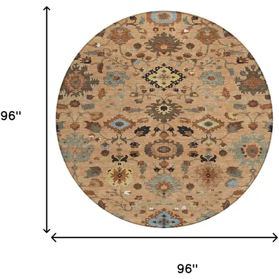 8' Copper And Brown Round Floral Medallion Washable Indoor Outdoor Area Rug Photo 8