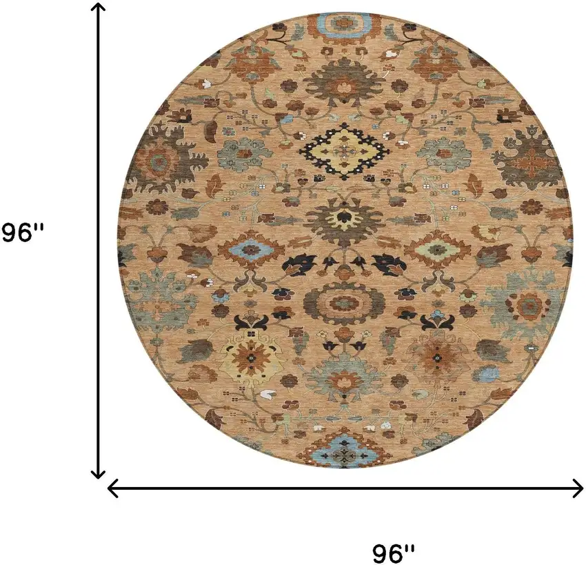 8' Copper And Brown Round Floral Medallion Washable Indoor Outdoor Area Rug Photo 8