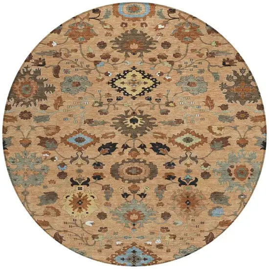 8' Copper And Brown Round Floral Medallion Washable Indoor Outdoor Area Rug Photo 3