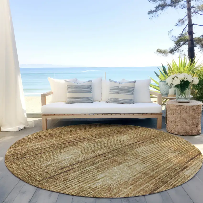 8' Copper And Brown Round Striped Washable Indoor Outdoor Area Rug Photo 6