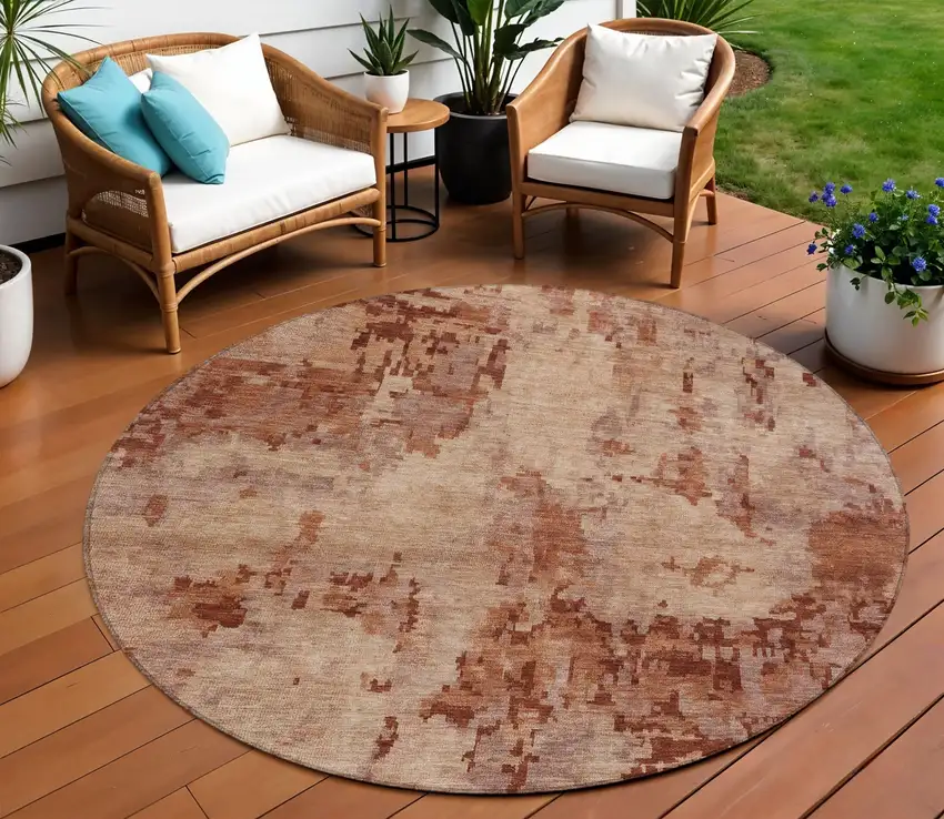 8' Copper And Coral Round Abstract Washable Indoor Outdoor Area Rug Photo 1