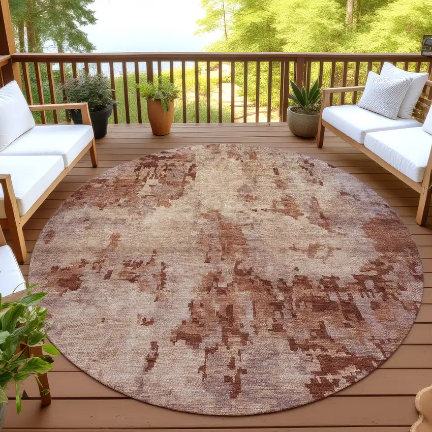 8' Copper And Coral Round Abstract Washable Indoor Outdoor Area Rug Photo 4