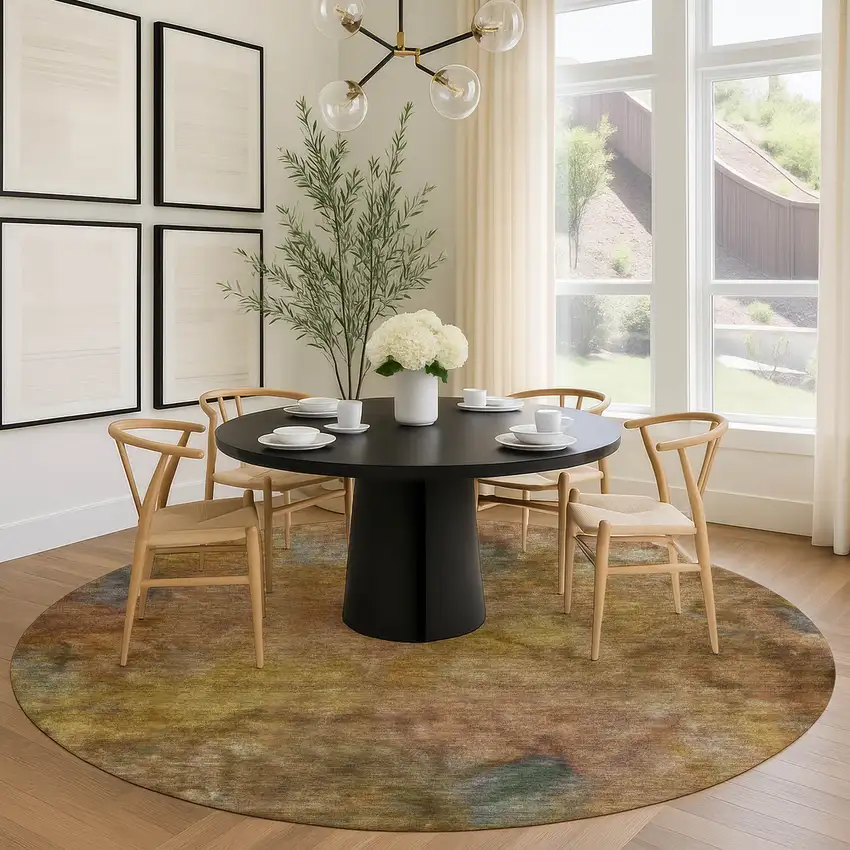 8' Copper And Gold Round Abstract Washable Indoor Outdoor Area Rug Photo 9