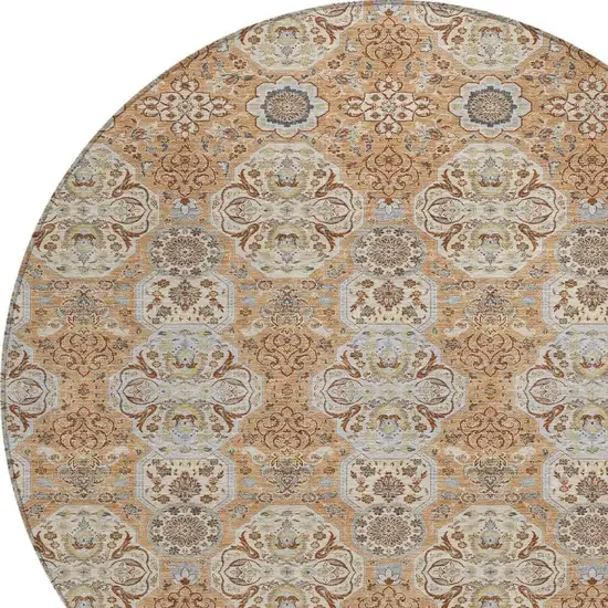 8' Copper And Gold Round Floral Washable Indoor Outdoor Area Rug Photo 3