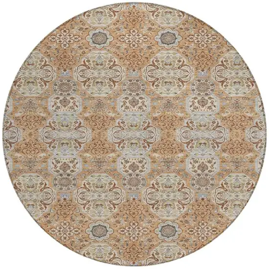 8' Copper And Gold Round Floral Washable Indoor Outdoor Area Rug Photo 4
