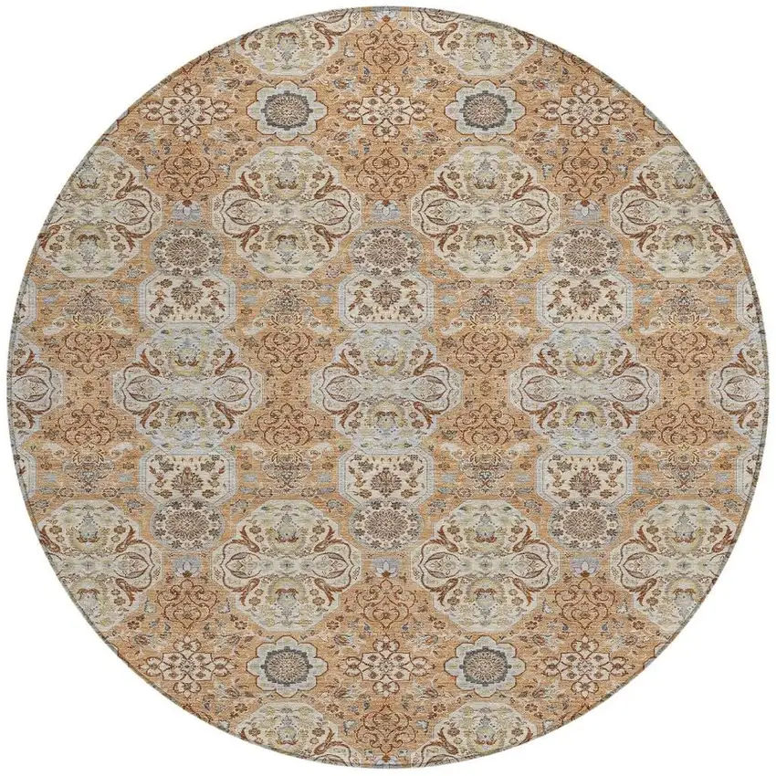 8' Copper And Gold Round Floral Washable Indoor Outdoor Area Rug Photo 4