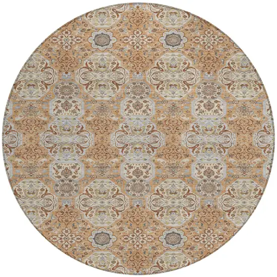 8' Copper And Gold Round Floral Washable Indoor Outdoor Area Rug Photo 2