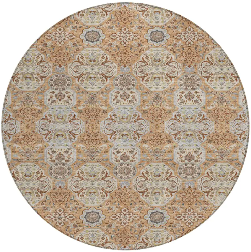 8' Copper And Gold Round Floral Washable Indoor Outdoor Area Rug Photo 2