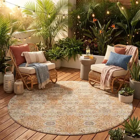 8' Copper And Gold Round Floral Washable Indoor Outdoor Area Rug Photo 1