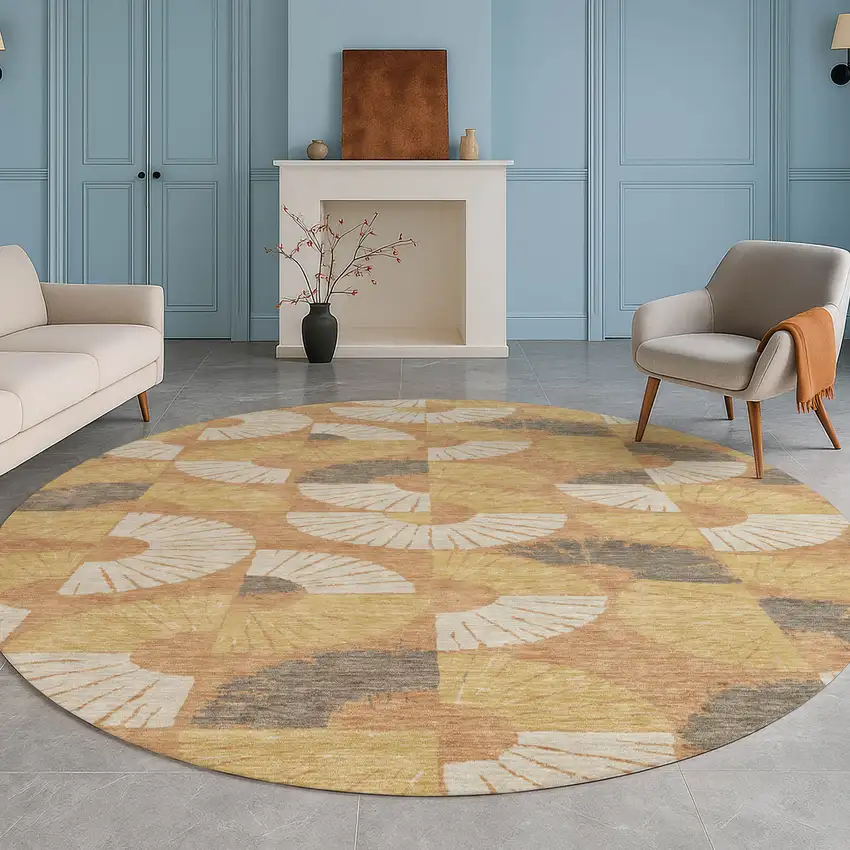 8' Copper And Gold Round Geometric Washable Indoor Outdoor Area Rug Photo 5