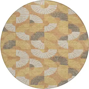 Photo of 8' Copper And Gold Round Geometric Washable Indoor Outdoor Area Rug