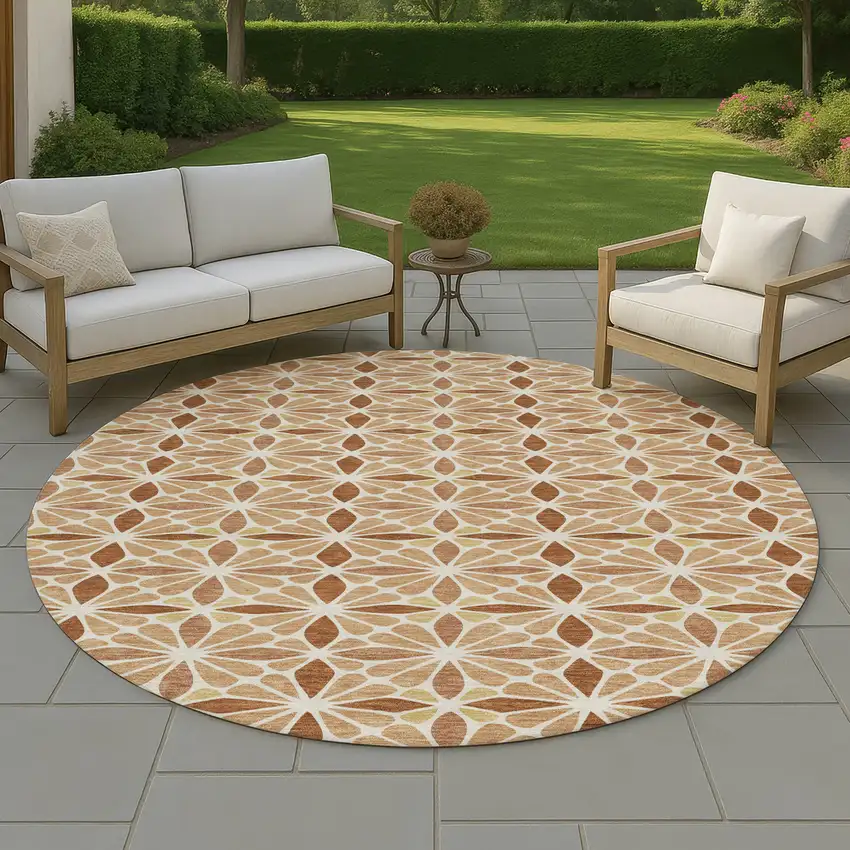 8' Copper And Gold Round Geometric Washable Indoor Outdoor Area Rug Photo 4