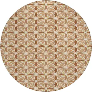 Photo of 8' Copper And Gold Round Geometric Washable Indoor Outdoor Area Rug