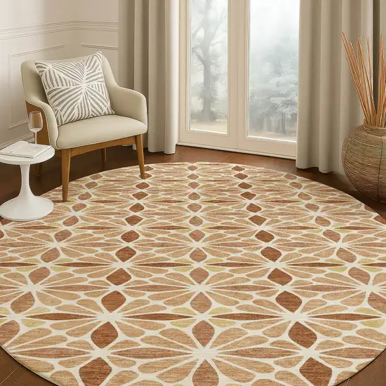 8' Copper And Gold Round Geometric Washable Indoor Outdoor Area Rug Photo 5