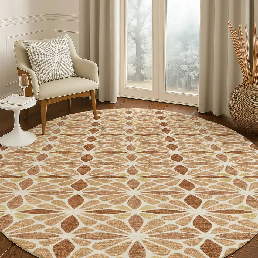 8' Copper And Gold Round Geometric Washable Indoor Outdoor Area Rug Photo 5