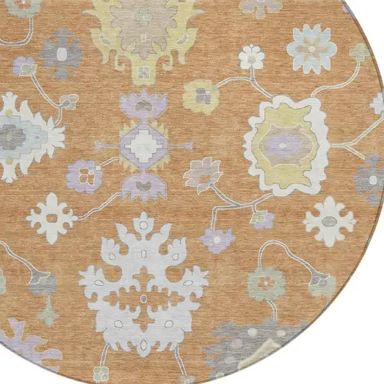 8' Copper And Gold Round Oriental Washable Indoor Outdoor Area Rug Photo 5
