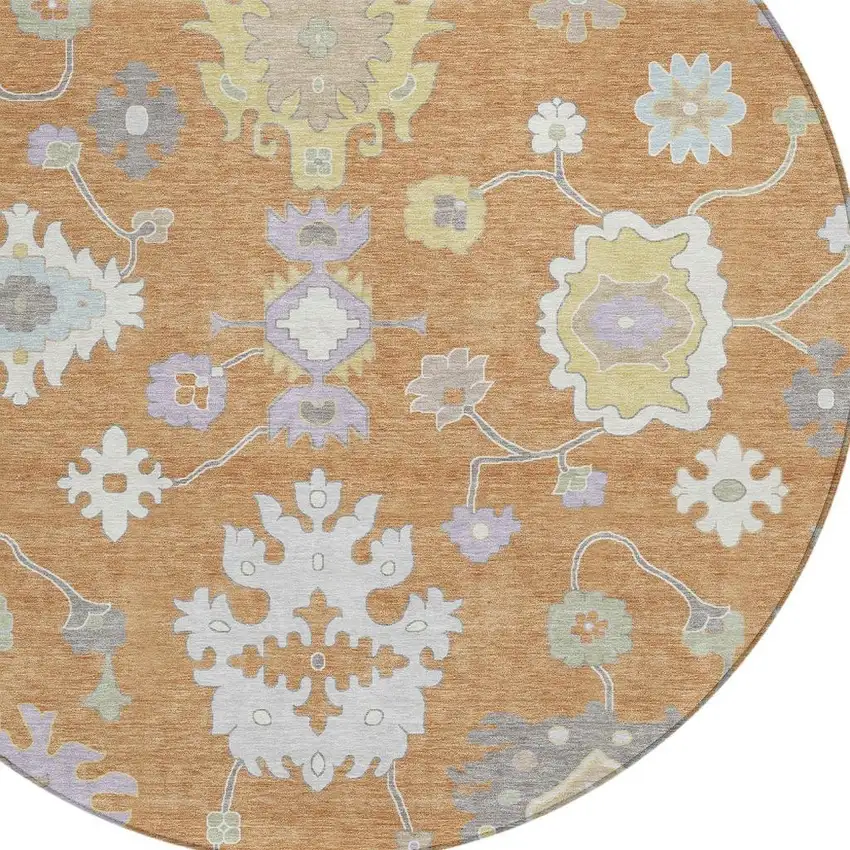 8' Copper And Gold Round Oriental Washable Indoor Outdoor Area Rug Photo 5