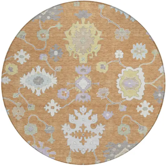 8' Copper And Gold Round Oriental Washable Indoor Outdoor Area Rug Photo 2
