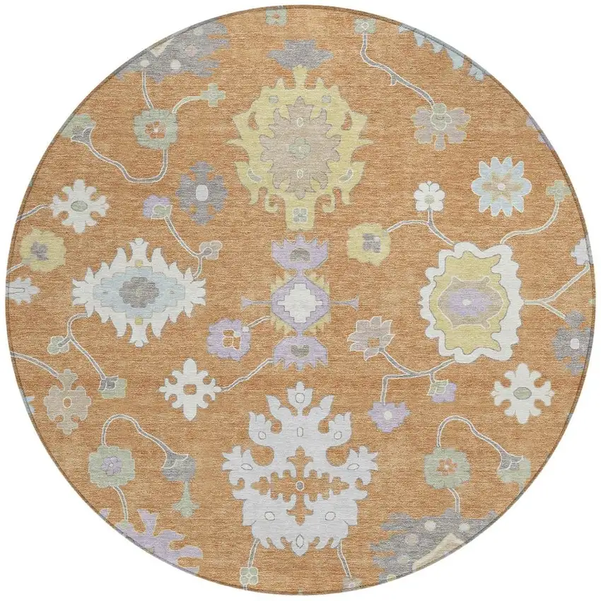 8' Copper And Gold Round Oriental Washable Indoor Outdoor Area Rug Photo 3