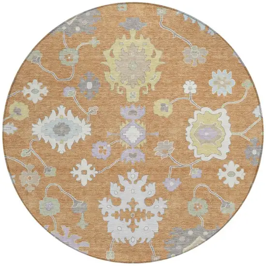 8' Copper And Gold Round Oriental Washable Indoor Outdoor Area Rug Photo 3