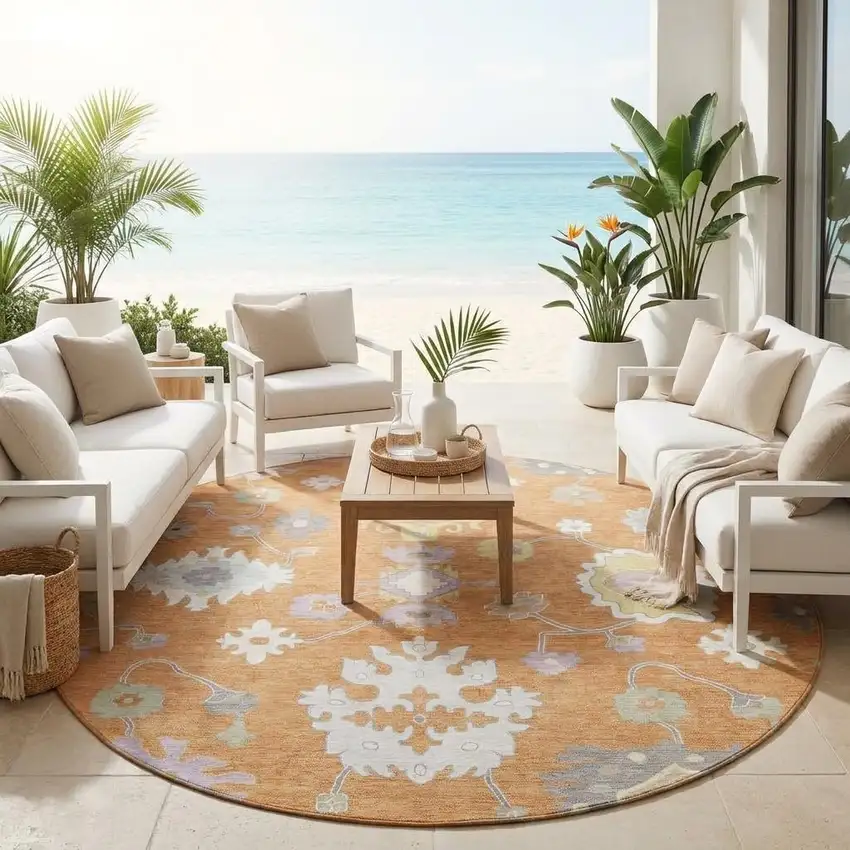 8' Copper And Gold Round Oriental Washable Indoor Outdoor Area Rug Photo 1