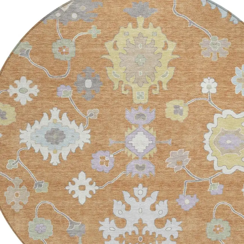 8' Copper And Gold Round Oriental Washable Indoor Outdoor Area Rug Photo 4