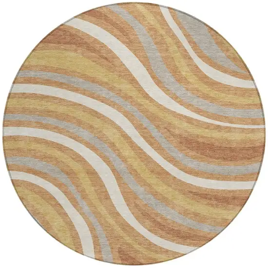 8' Copper And Gold Round Striped Washable Indoor Outdoor Area Rug Photo 4