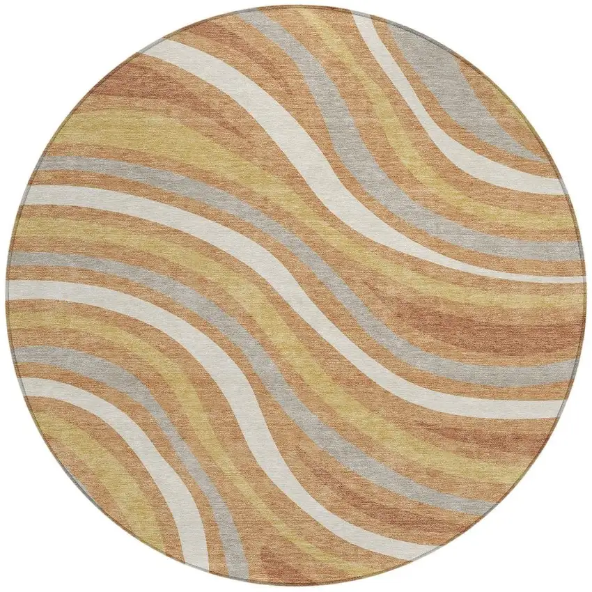 8' Copper And Gold Round Striped Washable Indoor Outdoor Area Rug Photo 4