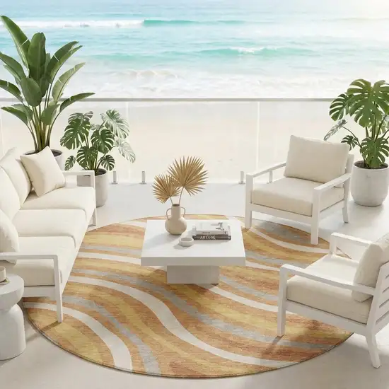 8' Copper And Gold Round Striped Washable Indoor Outdoor Area Rug Photo 1