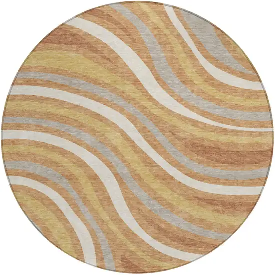 8' Copper And Gold Round Striped Washable Indoor Outdoor Area Rug Photo 2