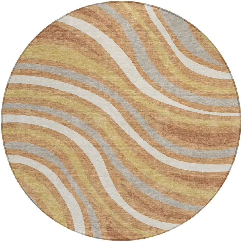 8' Copper And Gold Round Striped Washable Indoor Outdoor Area Rug Photo 2