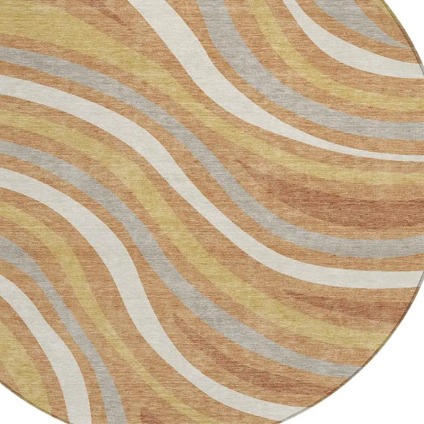 8' Copper And Gold Round Striped Washable Indoor Outdoor Area Rug Photo 3