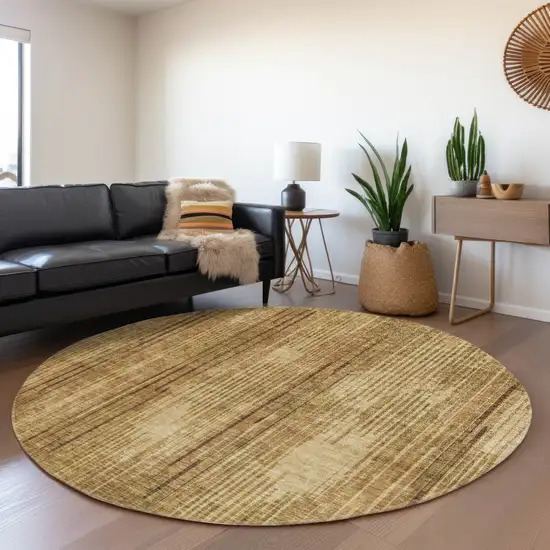 8' Copper And Gold Striped Washable Round Rug With UV Protection Photo 5