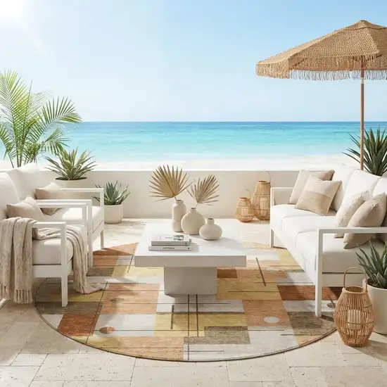 8' Copper And Graphite Round Geometric Washable Indoor Outdoor Area Rug Photo 1